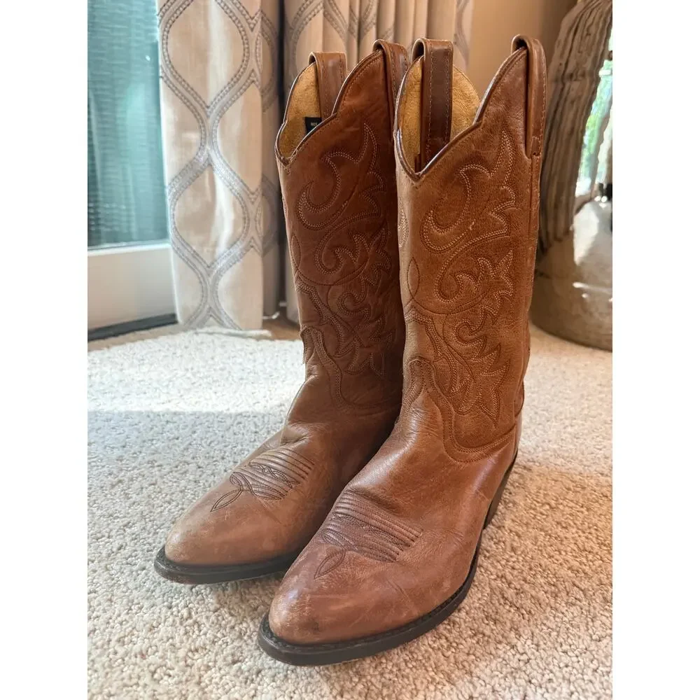 Dan Post Brown Leather Western Cowboy Boots Embroidered Pointed Toe Size 7M